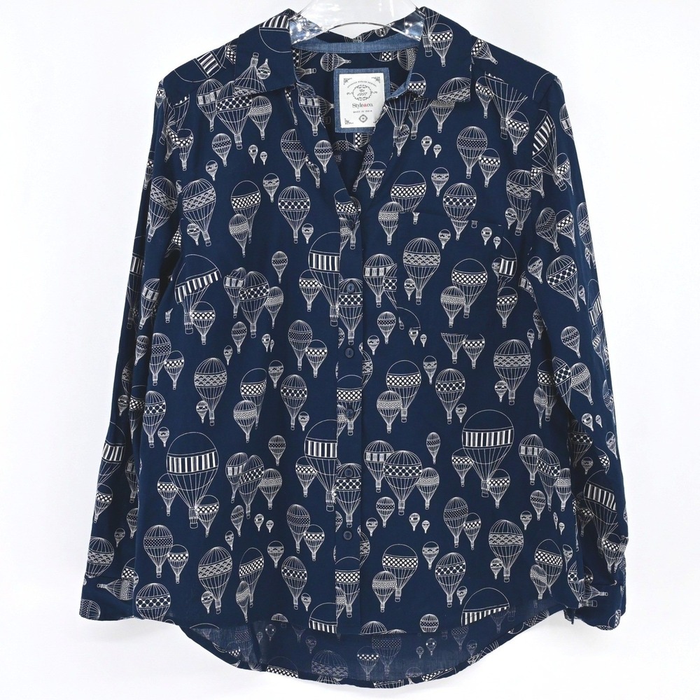 100% Cotton Style & Co Navy Blue Hot Air Balloon Print Button Down Shirt Medium